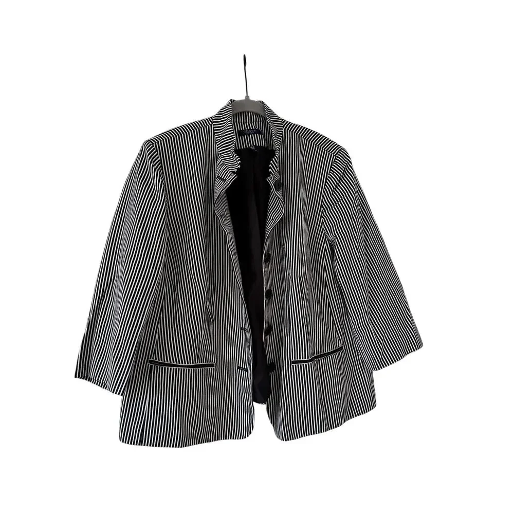 Chaps Womens 18W Black White Striped Cotton Blazer Jacket Plus Size Button - Picture 3 of 13